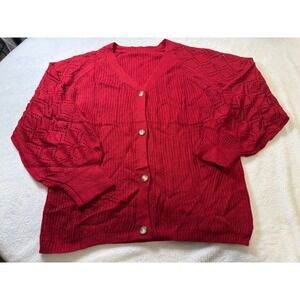 Womens Red V Neck Cardigan Sweater Size 2XL Balloon Lantern Sleeve Knit